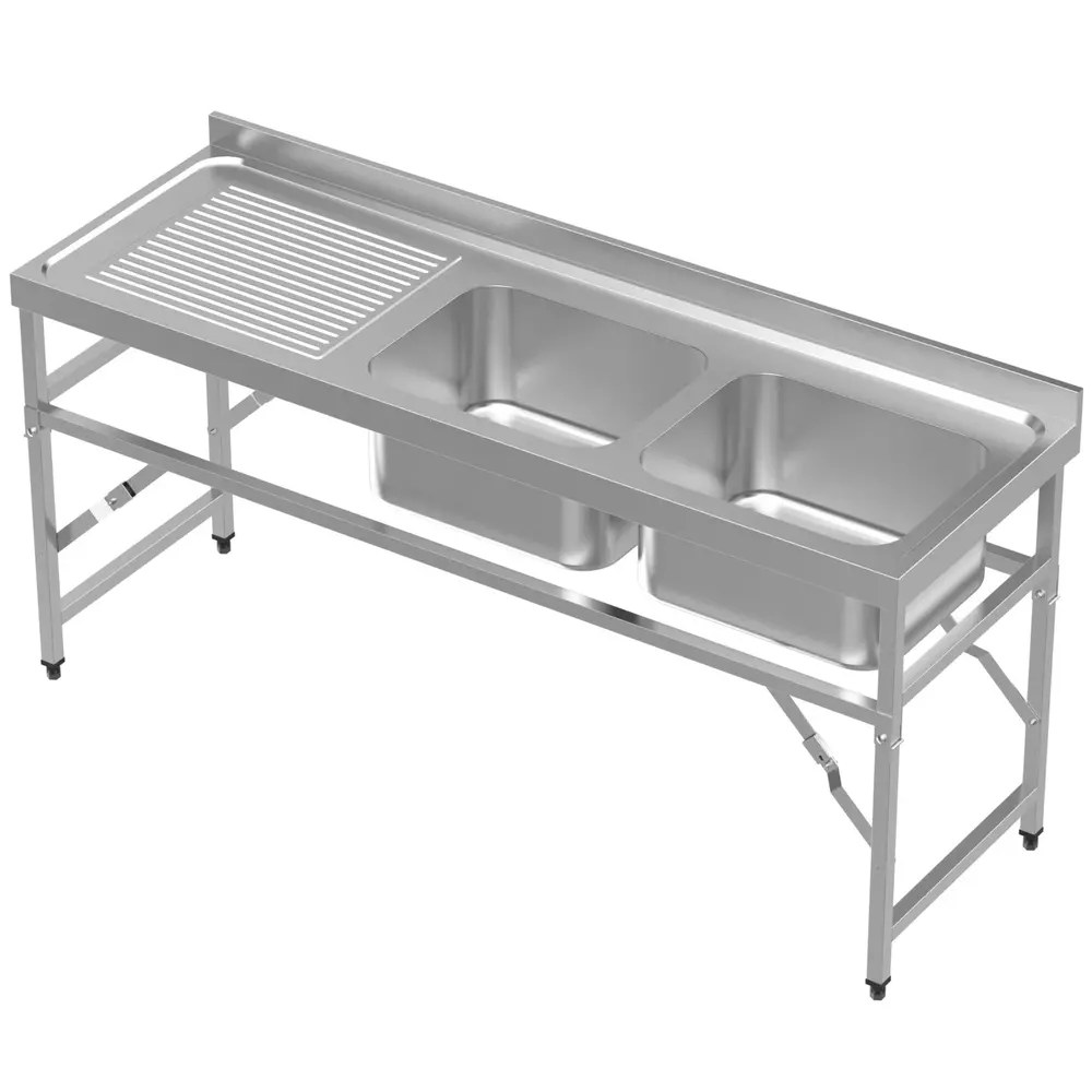 Combisteel Inklapbare Spoeltafel | Rvs | 2 Spoelbakken (rechts) + Afdruipvlak | Achteropstand | 1800x600x850/910(h)mm
