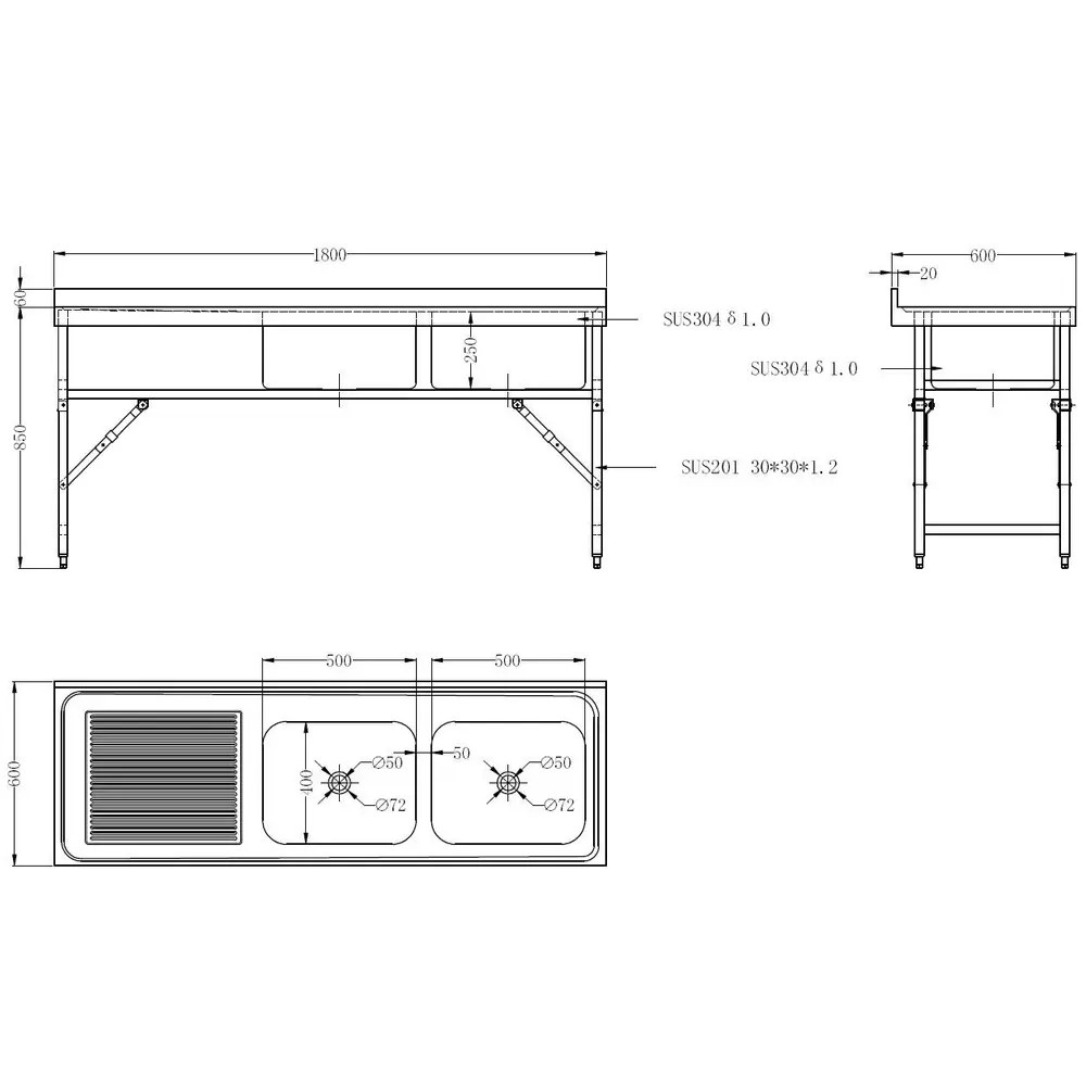 Combisteel Inklapbare Spoeltafel | Rvs | 2 Spoelbakken (rechts) + Afdruipvlak | Achteropstand | 1800x600x850/910(h)mm