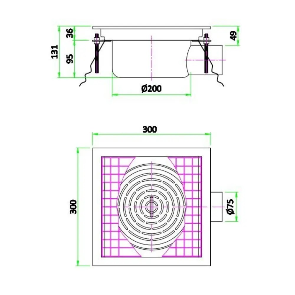 Combisteel Vloerput | Rvs | Afvoeraansluiting ø75mm | 300x300x131(h)mm