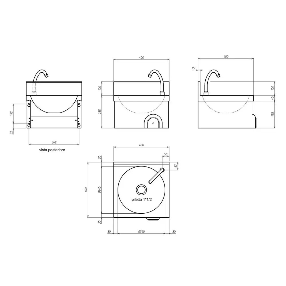 Combisteel Handwasbak | Rvs | Kniebediening (zelfsluitend) | 400x400x235/335(h)mm