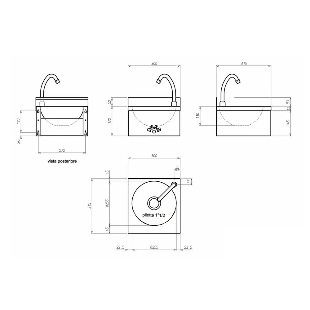 Combisteel Handwasbak | Rvs | Kniebediening (zelfsluitend) | 300x315x170/220(h)mm