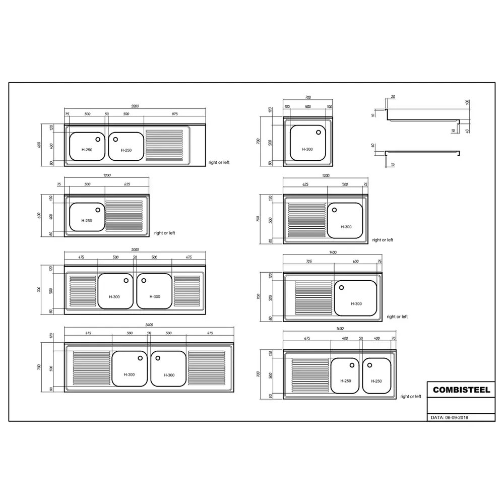 Combisteel Spoeltafelblad | 1 Spoelbak (links) + Afdruipvlak | Incl. Sifon + Standpijp | 1200x600mm