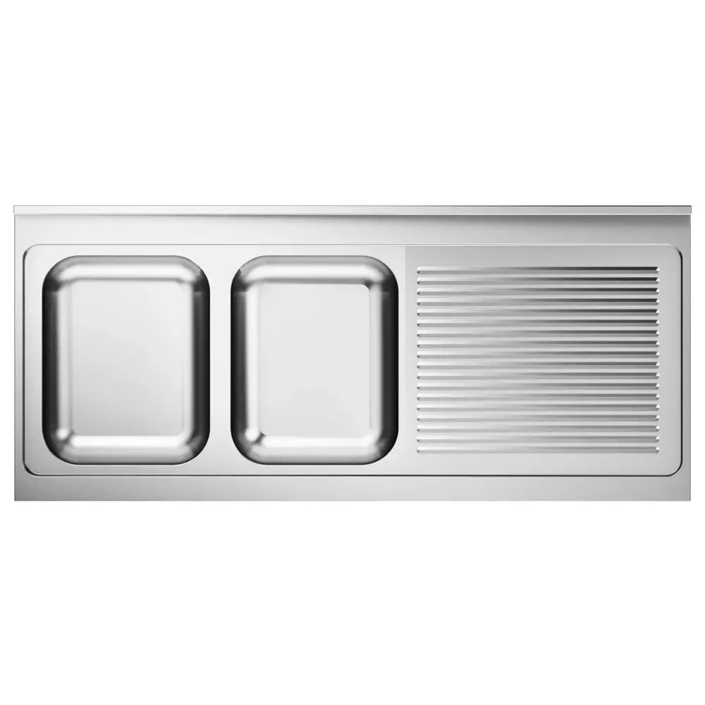 Combisteel Spoeltafelblad | 2 Spoelbakken (links) + Afdruipvlak | Incl. Sifon + Standpijp | 1600x700mm