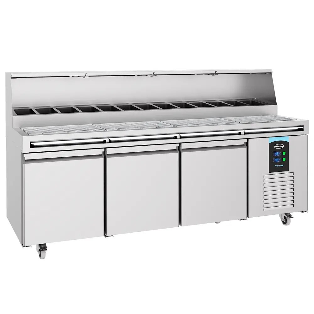 Combisteel Pizzawerkbank | Pro Line | 720l | 3 Deuren (en600x400) | Boven 13x 1/3 GN | -2°c/+8°c | Geforceerd | Wielen (geremd) | 2370x850x900/1300(h)mm