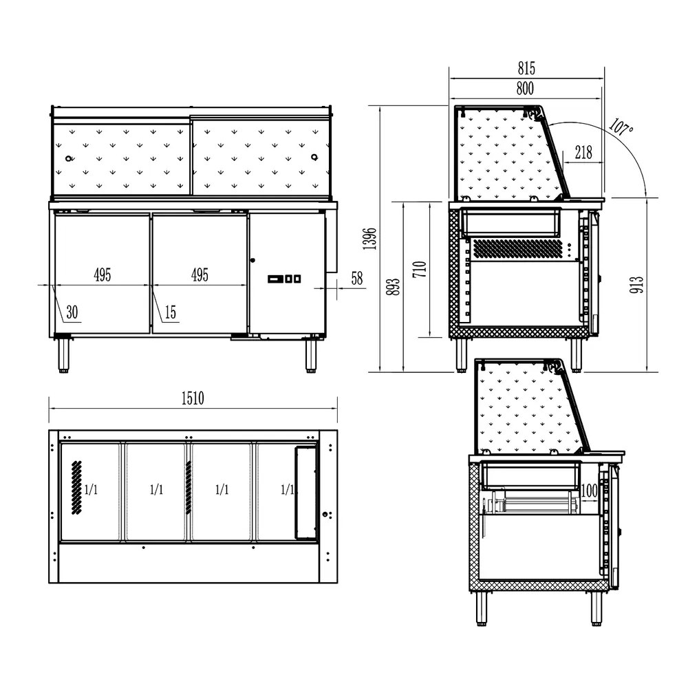 Combisteel Saladette | Standard Line | 428l | 2 Deuren (en600x400) | Boven 4x 1/1 GN | -2°c/+8°c | Geforceerd | Glasopstand + Snijblad | 1510x800x860/1365(h)mm