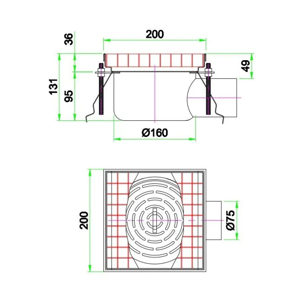 Combisteel Vloerput | Rvs | Afvoeraansluiting ø75mm | 200x200x131(h)mm