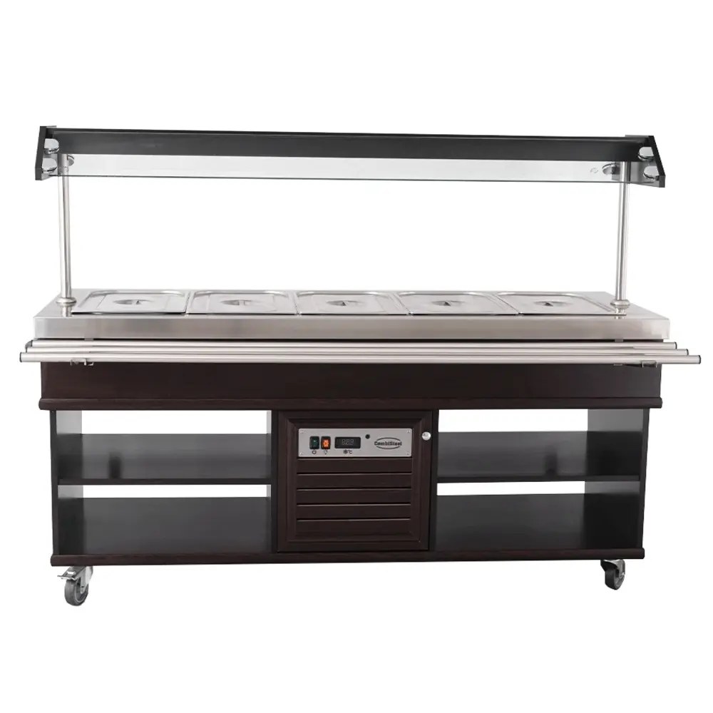 Combisteel Gekoeld Buffet | Hout/rvs | 5x 1/1 GN | +4°c/+8°c | Statisch | Verlichte Kap | Wielen (geremd) | 1900x700x1400(h)mm