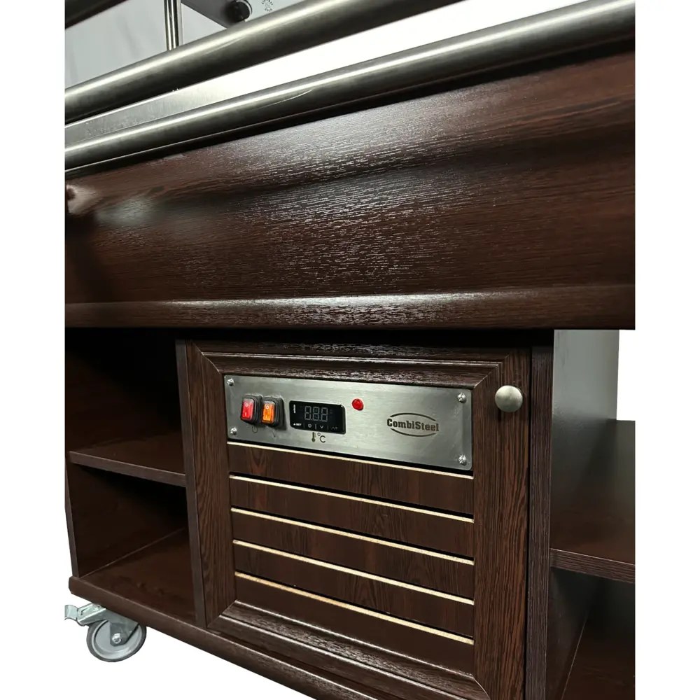 Combisteel Gekoeld Buffet | Hout/rvs | 3x 1/1 GN | +4°c/+8°c | Statisch | Verlichte Kap | Wielen (geremd) | 1200x700x1400(h)mm