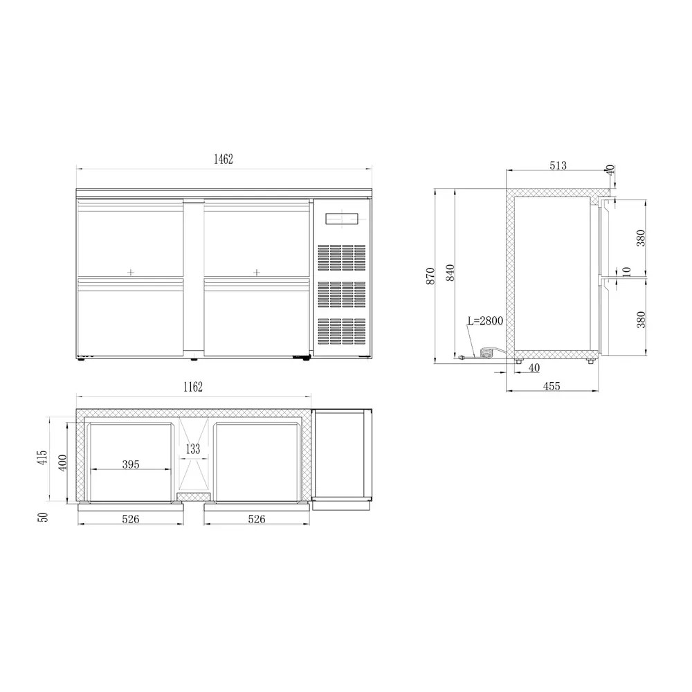 Combisteel Barkoelkast | Standard Line | 350l | Zwart | 0°c/+10°c | Geforceerd | 4 Laden | 1462x513x860(h)mm