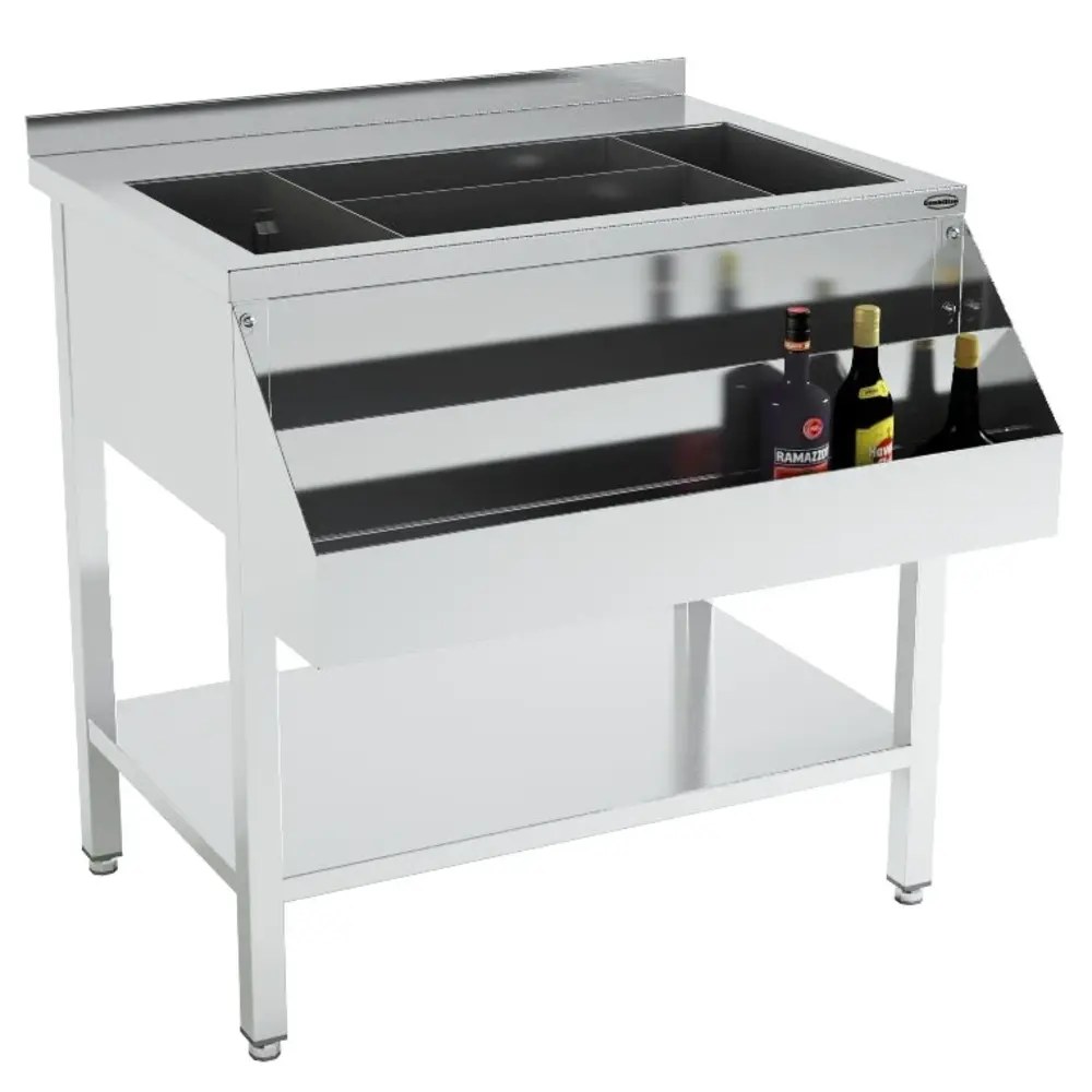 Combisteel Bar-/cocktailstation | Rvs | Ijs-/ingrediëntenbak + Flessenrek | Bodemschap | Achteropstand | 900x740x900(h)mm