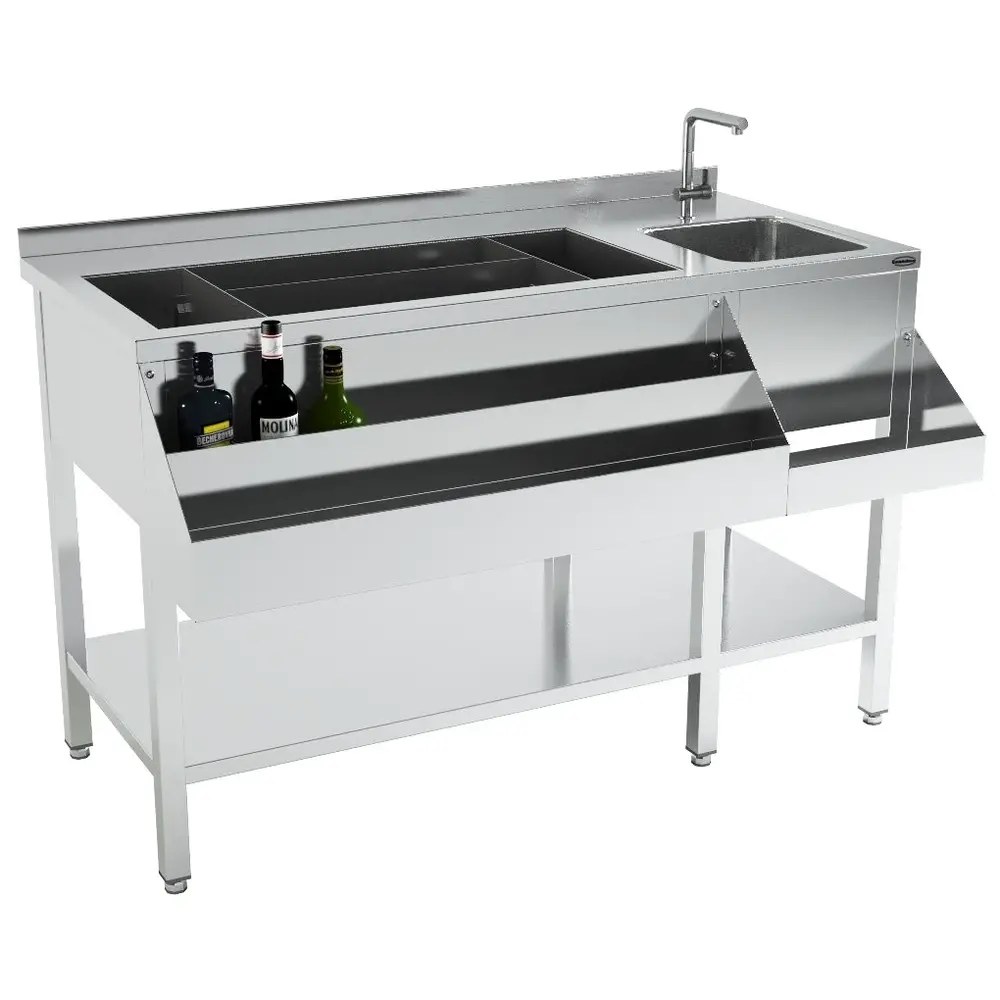 Combisteel Bar-/cocktailstation | Rvs | Ijs-/ingrediëntenbak + Spoelbak + Flessenrek | Bodemschap | Achteropstand | 1400x740x900(h)mm