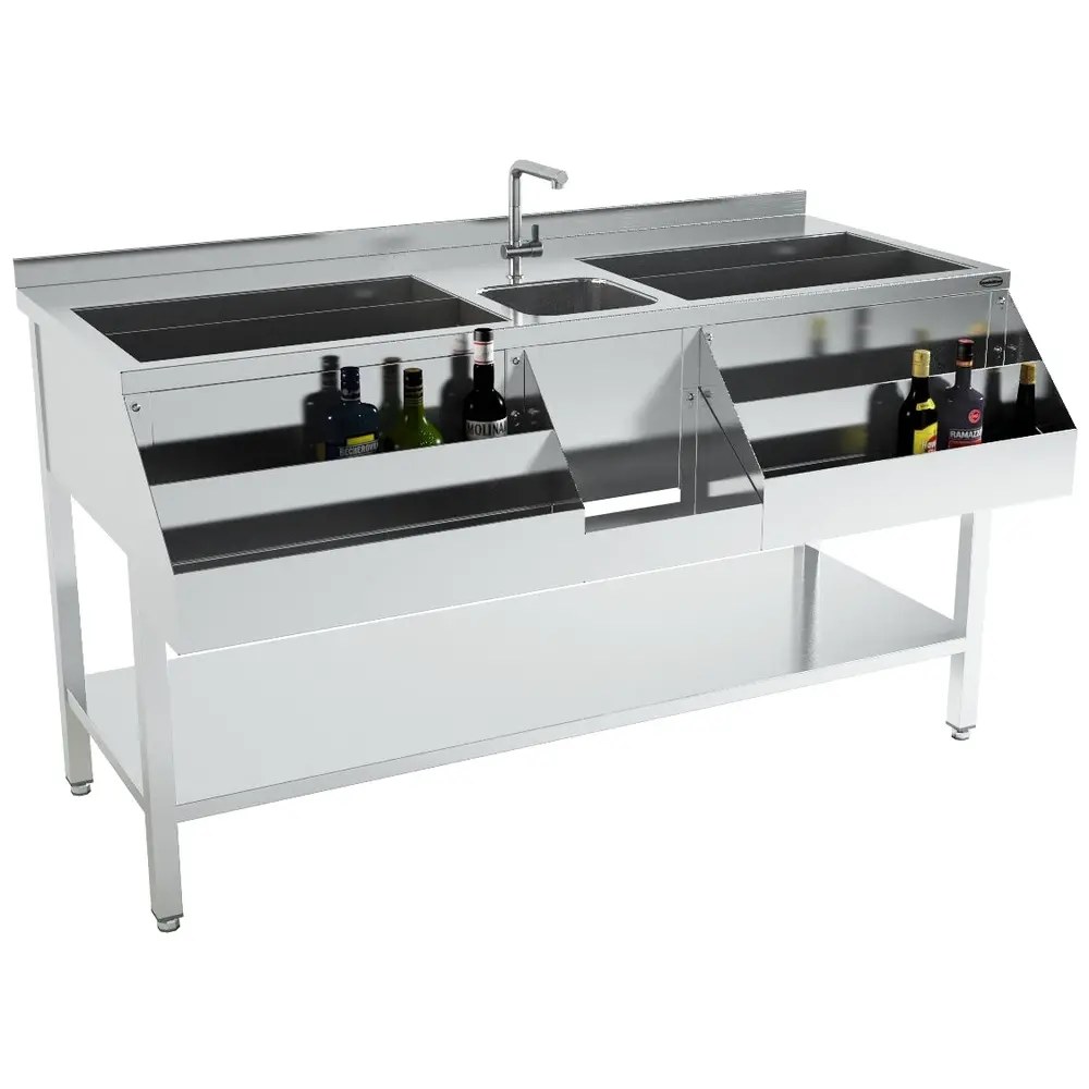 Combisteel Bar-/cocktailstation | Rvs | Ijs-/ingrediëntenbakken + Spoelbak + Flessenrek | Bodemschap | Achteropstand | 1600x740x900(h)mm