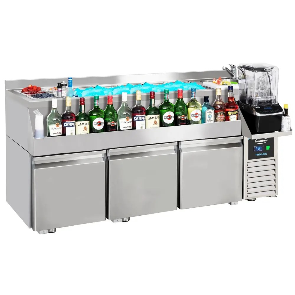 Combisteel Bar-/cocktailstation (gekoeld) | Pro Line | 280l | 3 Deuren | -2°c/+8°c | Geforceerd | Spoelbak + Ijs-/ingrediëntenbak + Flessenrek | 1700x700x1000(h)mm