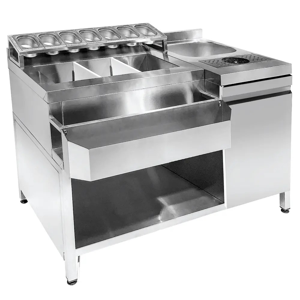 Combisteel Bar-/cocktailstation | Rvs | Spoelbak + Glazenspoeler | Ijs-/ingrediëntenbakken + Flessenrek + Gn-bakhouder | 1 Deur + Open Vak | Achteropstand | 1340x700x875/990(h)mm