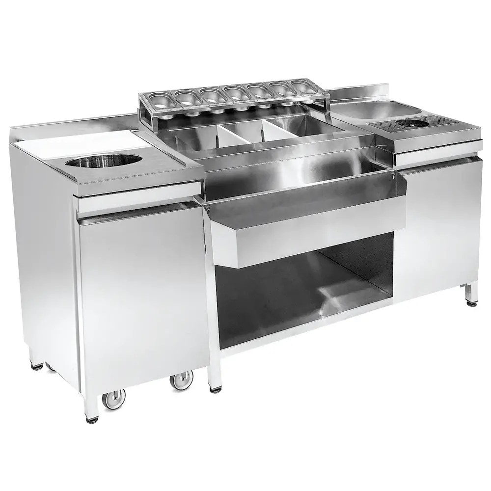 Combisteel Bar-/cocktailstation | Rvs | Spoelbak + Glazenspoeler | Ijs-/ingrediëntenbakken + Flessenrek + Gn-bakhouder | Snijplank + Afvalgat | 1 Deur + Open Vak + Verrijdbare Afvalbak | Achteropstand | 1790x700x875/990(h)mm