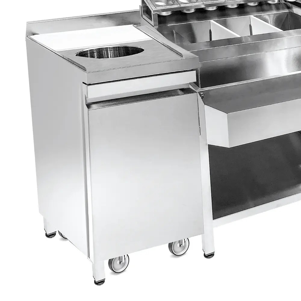 Combisteel Bar-/cocktailstation | Rvs | Spoelbak + Glazenspoeler | Ijs-/ingrediëntenbakken + Flessenrek + Gn-bakhouder | Snijplank + Afvalgat | 1 Deur + Open Vak + Verrijdbare Afvalbak | Achteropstand | 1790x700x875/990(h)mm