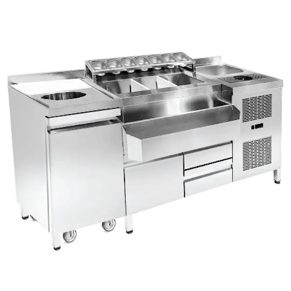 Combisteel Bar-/cocktailstation (gekoeld) | Rvs | 3 Gekoelde Laden (-1°c/+8°c) | Spoelbak + Glazenspoeler | Ijs-/ingrediëntenbakken + Flessenrek + Gn-bakhouder | Snijplank + Afvalgat + Verrijdbare Afvalbak | Achteropstand | 1790x700x875/990(h)mm