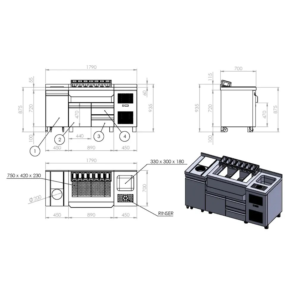Combisteel Bar-/cocktailstation (gekoeld) | Rvs | 3 Gekoelde Laden (-1°c/+8°c) | Spoelbak + Glazenspoeler | Ijs-/ingrediëntenbakken + Flessenrek + Gn-bakhouder | Snijplank + Afvalgat + Verrijdbare Afvalbak | Achteropstand | 1790x700x875/990(h)mm