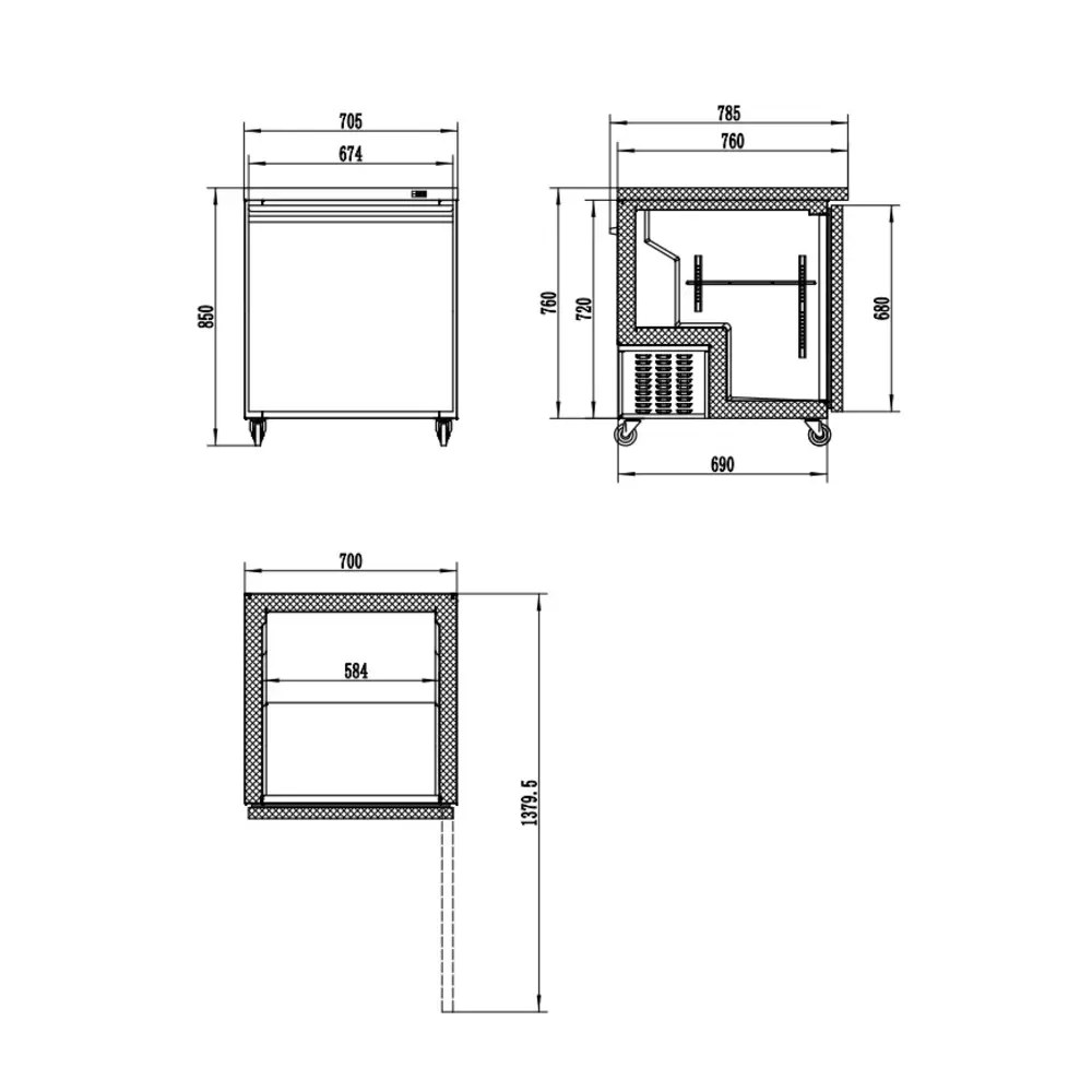Combisteel Koel-/vrieskast | 185l | Rvs | -18°c/-21°c & +1°c/+4°c | Geforceerd | Wielen (geremd) | 705x785x850(h)mm