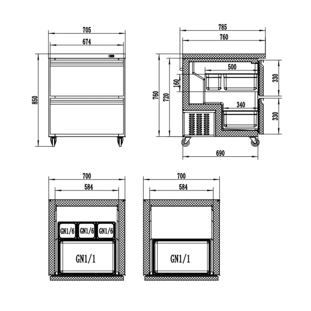 Combisteel Koel-/vrieskast | 185l | Rvs | -18°c/-21°c & +1°c/+4°c | Geforceerd | 2 Laden (gn) | (wielen (geremd) | 705x785x850(h)mm
