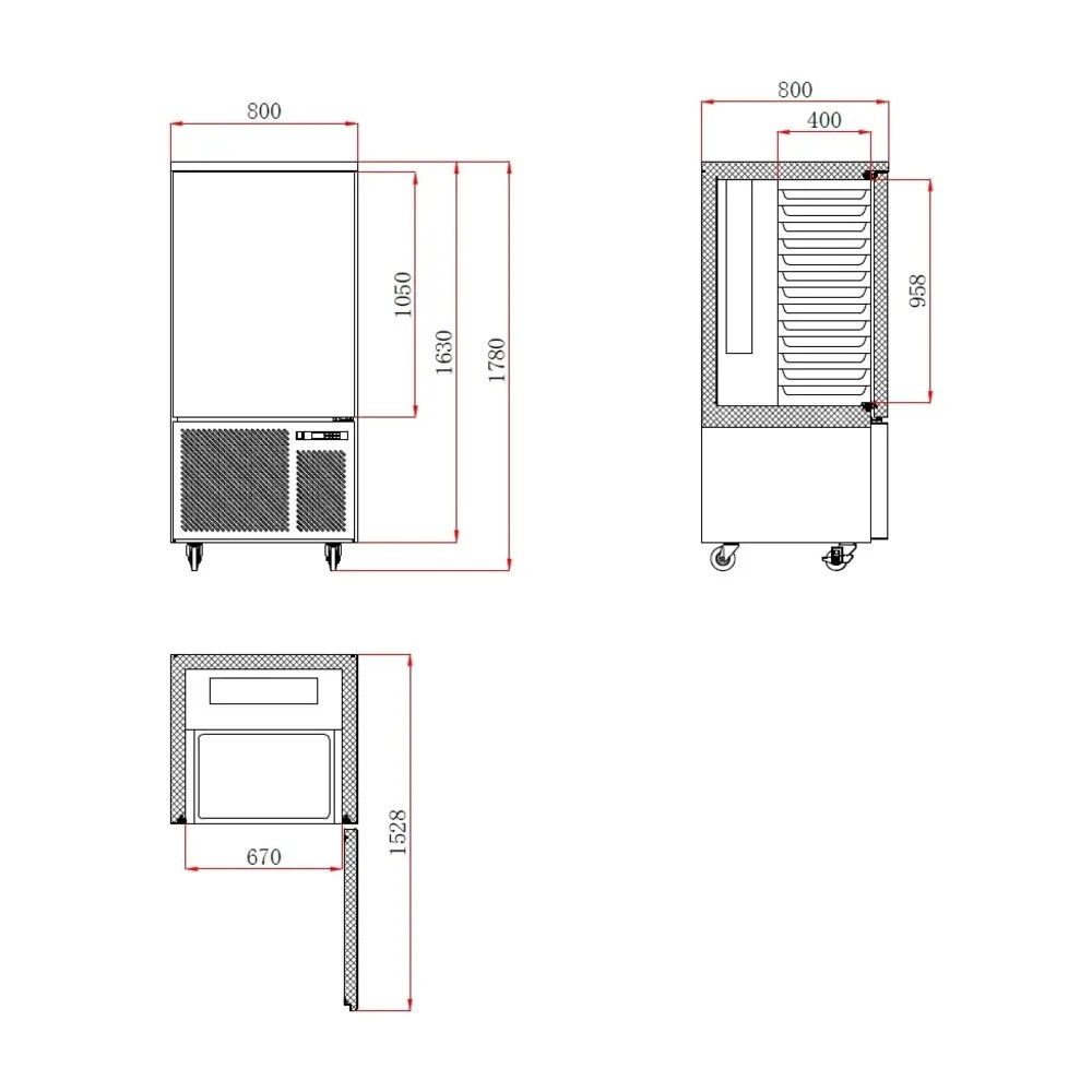 Combisteel Blastchiller | Standard Line | 9 Niveaus (en/gn) | Max. 60kg (koelen) / 38kg (vriezen) | 1.2kw (230v) | 800x800x1763(h)mm