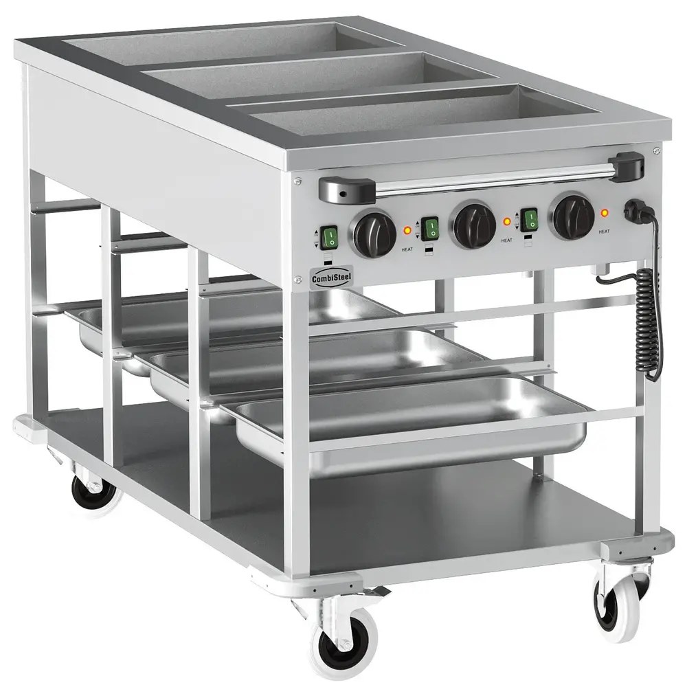 Combisteel Bain-marie Wagen | Elektrisch | 3x 1/1 GN | 30°c/90°c | 3kw (230v) | Aftapkranen | 1200x650x840(h)mm