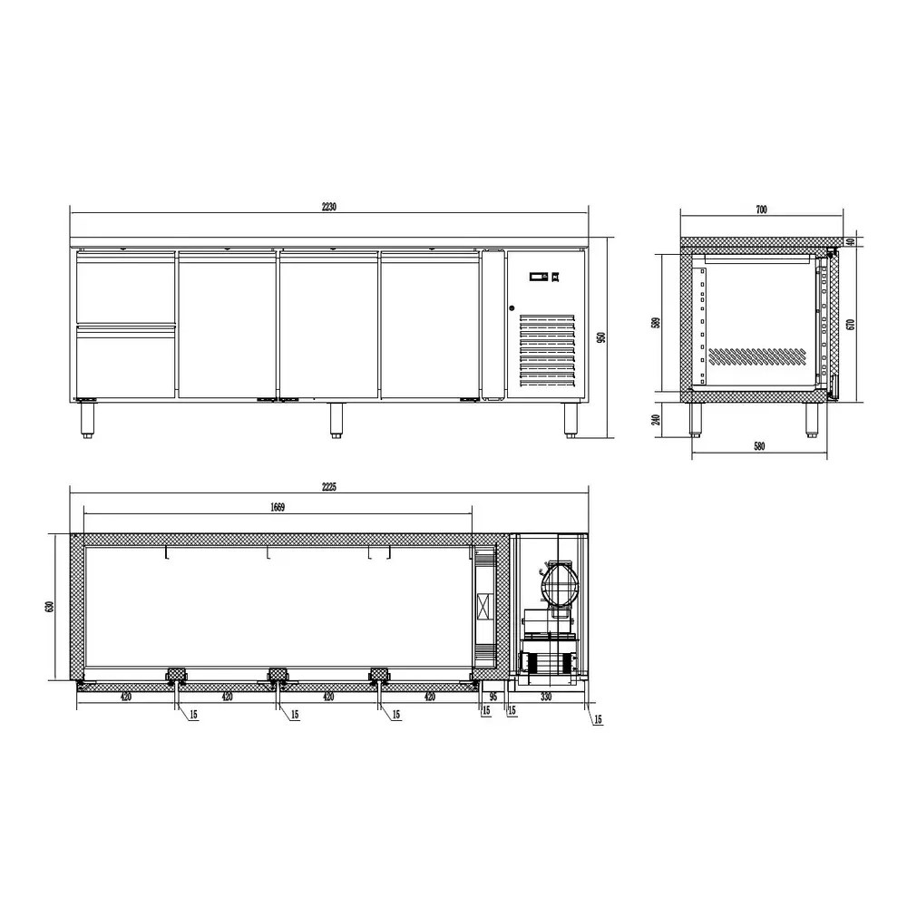Combisteel Koelwerkbank | Energy Line | 393l | 3 Deuren + 2 Laden (1/1 Gn) | +2°c/+8°c | Geforceerd | 2230x700x860(h)mm