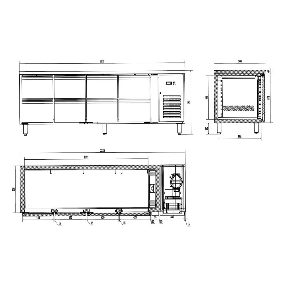 Combisteel Koelwerkbank | Energy Line | 393l | 8 Laden (1/1 Gn) | +2°c/+8°c | Geforceerd | 2230x700x860(h)mm